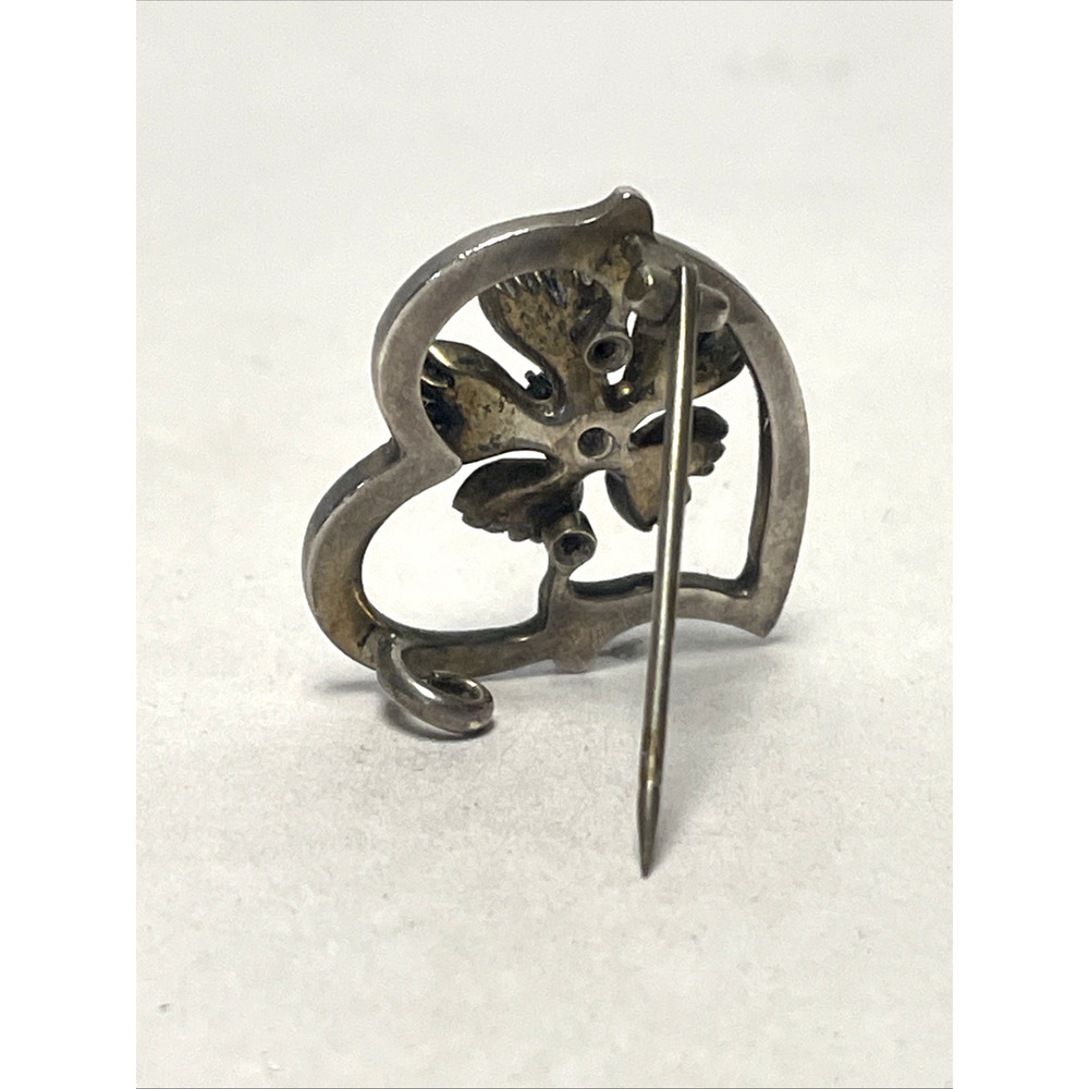 VTG Blue Guilloche Enamel Rhinestone Heart Flower Brooch Pin 1" Antique Style - Picture 3 of 12